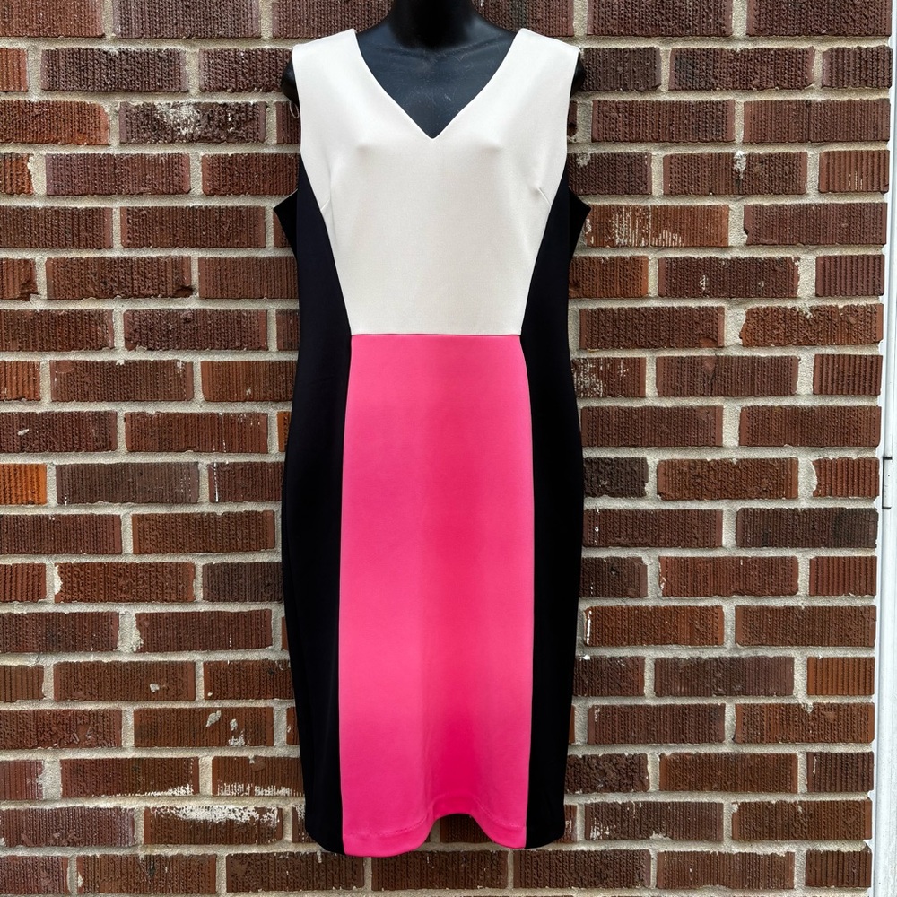 Maggy London Womens 14 Colorblock Pink Black Cream Sheath Sleeveless Dress